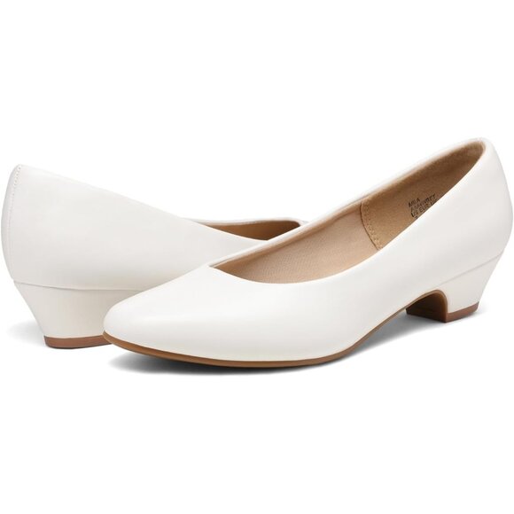 Dream Pairs Women's White Pu Closed Pointed Toe Low Chunky Heel Pump Shoes - Picture 3 of 7